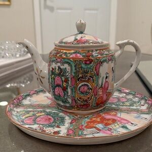 Vintage Hand-Painted Porcelain Teapot and large plate - Pink & Green Floral